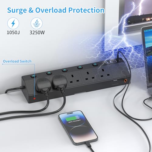 Desk Extension Lead 1.8M, STGAROT PD 30W Power Strip with Retractable USB C Cable, 5 Way Power Socket with 3 USB C Port, 2 USB A Port, Desktop Plug Socket with Removable Clamp for Office Accessories - Image 5