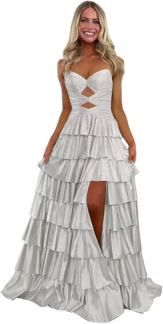AKLASU Tiered Ruffle Prom Dresses for Women Strapless Glitter Beaded Cut-Out Satin Prom Dress with Slit Long Formal Gowns