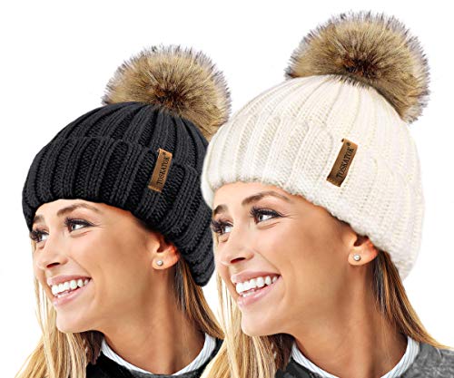 Bonnet beanie hiver femme TOSKATOK tricot côtelé gros pompon fausse fourrure détachable