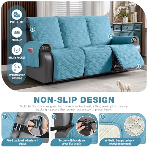 Image of TAOCOCO 100% Waterproof Recliner Sofa Covers 3 Seater Split Couch Covers for 3 Cushion Reclining Couch with Straps, Non Slip Reclining Sofa Covers Furniture Protector for Kids Pets(3 Seater, Sky Blue)