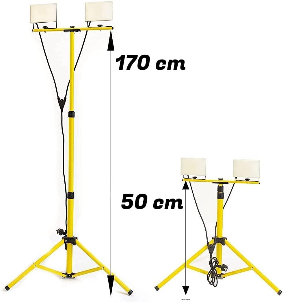 Faretto LED da Cantiere su Treppiede Telescopico - 60Watt, 4800 Lumen, luce bianca 4000K, Impermeabile IP65, Antirottura IK08 - Faretto LED da Esterno, Proiettore da Esterno per Cantiere