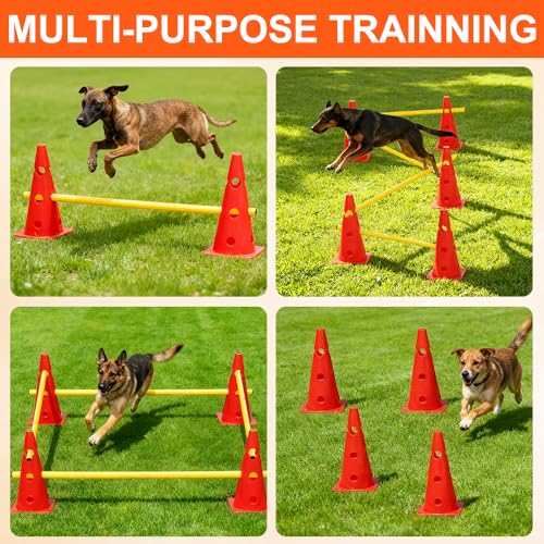 Weciau Steckhürdenset, Agility Set Hunde mit 8 Kegel(32cm) + 4 Stangen(80cm), Cavaletti Hund für Koordinationstraining, Pylonen Hundetraining, Einstellbare Trainingshürden für Hunde Teamsport Fussball