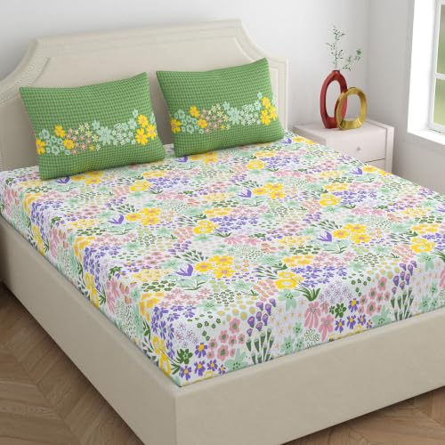 Image of Home Ecstasy 100% Cotton Double Bedsheet with 2 Pillow Covers - (Size 87 x 98 inches, 140 TC, Colour - Green)