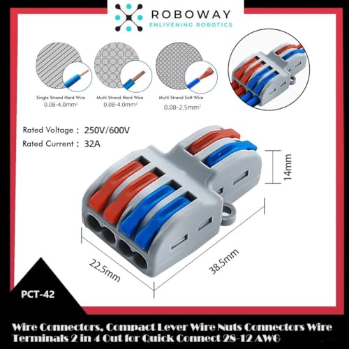 Image of ROBOWAY 10Pcs LT-422 Lever Wire Connector, 2 In 4 Out Push-in Lock Universal Terminal Block for 0.08-4.0mm Electrical Wires, Compact Splicing Connector, Easy Reusable Wiring Terminal (Pack of 10)