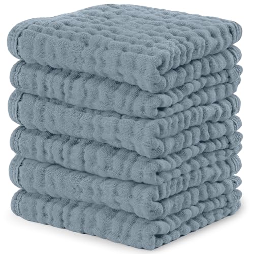 Image of Comfy Cubs Muslin Baby Washcloths 6 Pack - Soft 6-Layer Cotton Wash Cloths for Sensitive Skin - 10"x10" Large, Gentle, Absorbent Infant Essentials for Newborn and Toddlers - Pacific Blue