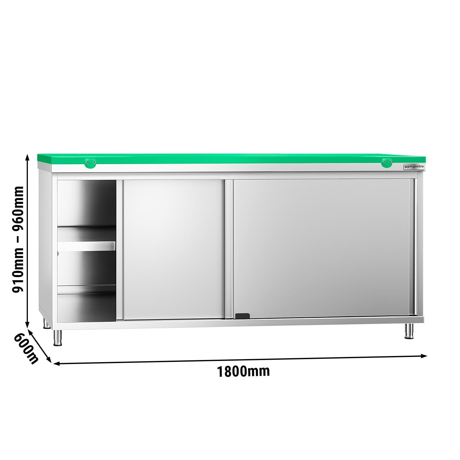 GGM Gastro | ASK186#FKPWT186 | Edelstahl Arbeitsschrank PREMIUM - 1800x600mm - mit Schiebetür - inkl. Schneideplatte Grün