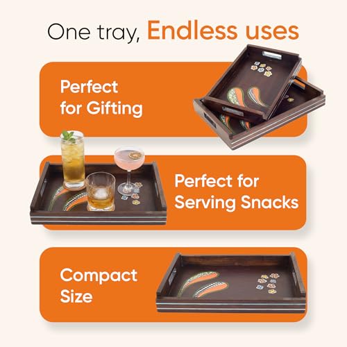 Image of AAKRITI ART CREATIONS Blooming Leaves Serving Trays | Floral Art | Brown Wooden Tray Set of 2 | Glossy Finish Serving Trays | Tray for Dining Table & Kitchen