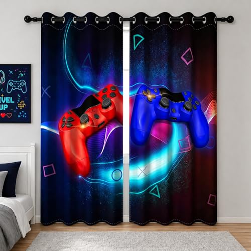 YONGFOTO 117x138cm Rideaux Gamer pour Chambre Garçons, Manette Fluorescente De Jeu Vidéo, Rideaux Occultants avec Œillets pour Chambre Enfants, 2 Panneaux