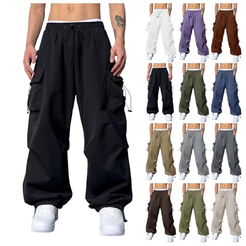 Men's Baggy Cargo Pants Drawstring Elastic Waist Casual Parachute Pants Loose Fit Hip Hop Hiking Trousers Streetwear