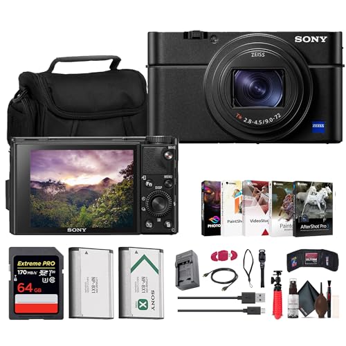 Sony Cyber-Shot DSC-RX100 VII Digital Camera (DSC-RX100M7) + 64GB Memory Card + Case + NP-BX1 Battery + Card Reader + Photo Software + Charger + Flex Tripod + More