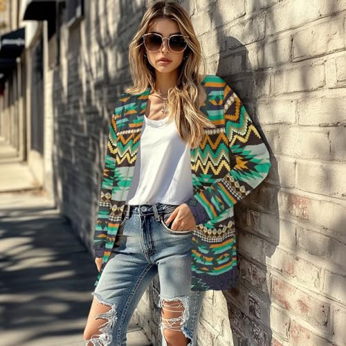 Image of Women's Aztec Open-Front Jacket Lightweight Casual Outerwear Native Western Aztec Pattern & Plaid Houndstooth Print