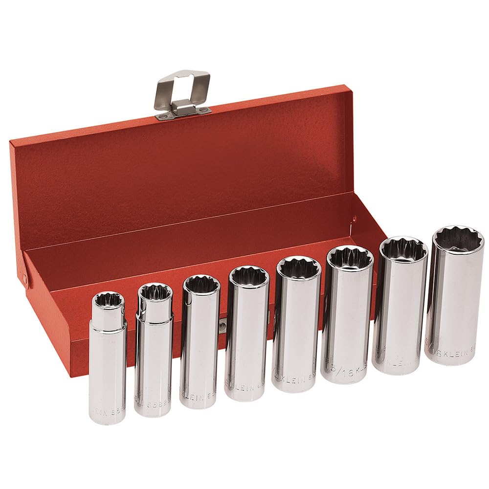 Klein Tools 1/2-Inch Drive Deep Socket Wrench Set, 8-Piece, Red