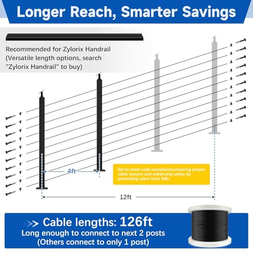 Image of 36 inch 2-12FT Swageless Modular Black Cable Railing System Post Kit with 2 Stair Posts Fit 28-38 Degree Stairway, T304 Stainless Steel, Patent Reusable Cable Railing Kit, Upgraded Powder Coated