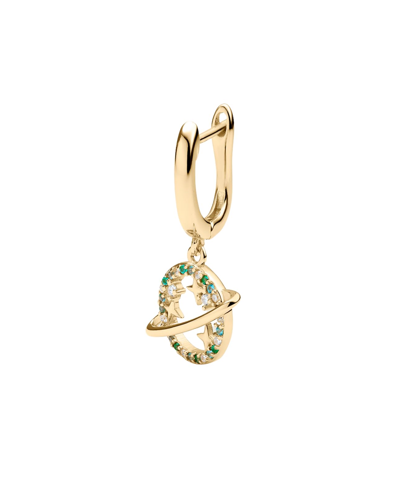 EARCANDYPendiente Piercing Aro Saturn - Pendiente en Plata de Ley 925 con Baño de Oro Amarillo 18K, engaste de Circonitas - Cierre Catalán - Diseño Planeta - Joyas para Mujer