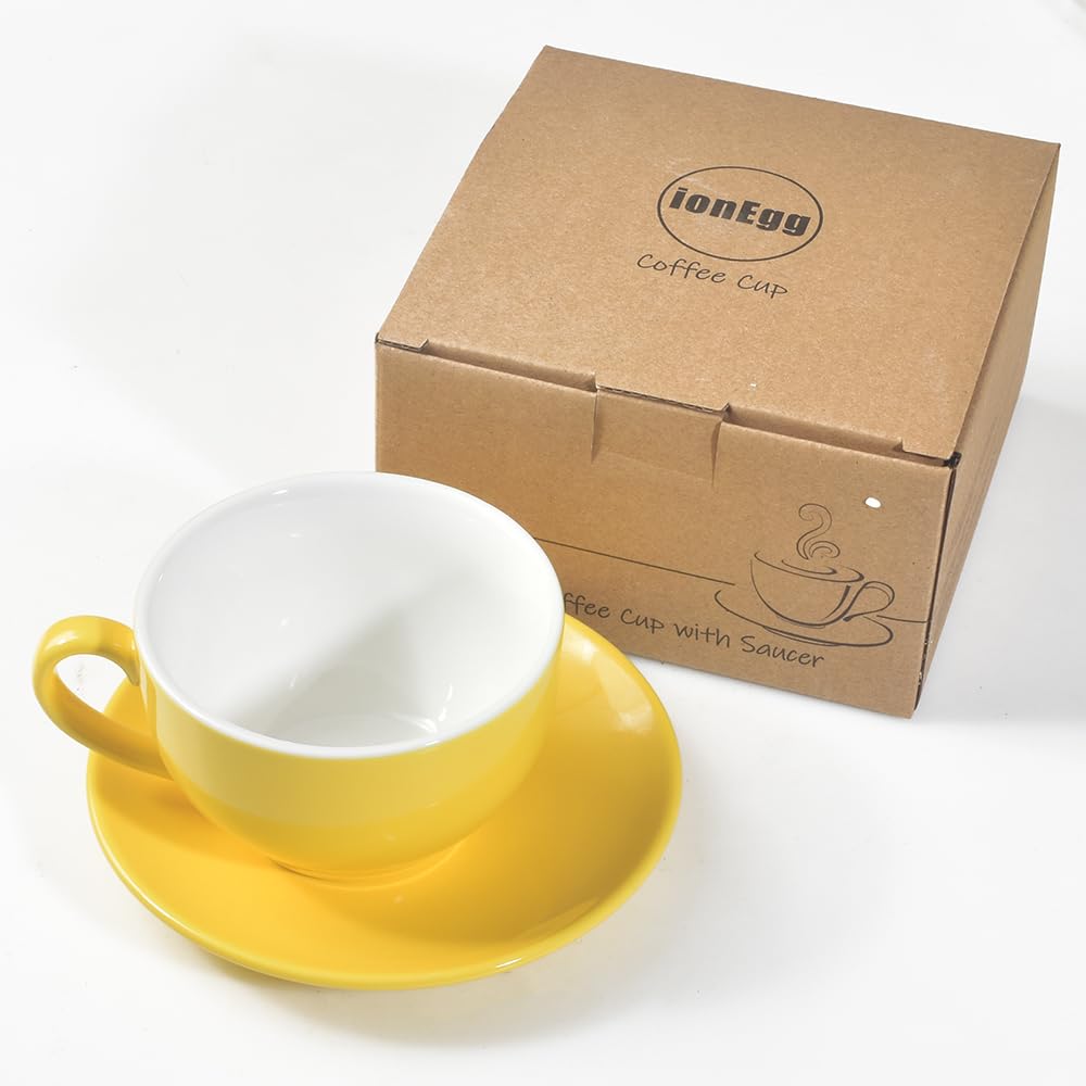 Taza de café de porcelana ionEgg con platillo 220 ml/7,3 oz para Cappuccino, Latte y Té, Amarillo