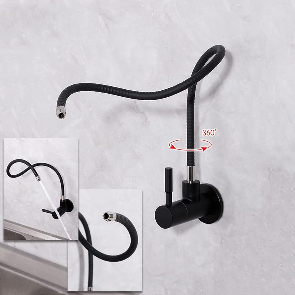 Grifos de cocina negro para agua potable, cuello de cisne, montaje en pared, grifo de fregadero con filtro de agua
