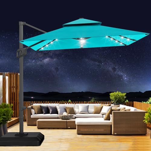 10' x 10' Heavy Duty Cantilever Patio Umbrella with Solar LED Lights & Weighted Base, 2-Tier Square Aluminum Offset Umbrella with 360-Degree Rotation for Backyard, Deck, Pool, Turquoise Blue
