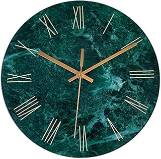 Foxtop Tempered Glass Modern Wall Clock, Marble Design 12 Inch Silent Non-Ticking Decorative Round Clock for Living Room Bedroom Kitchen (Emerald, Roman Numerals)