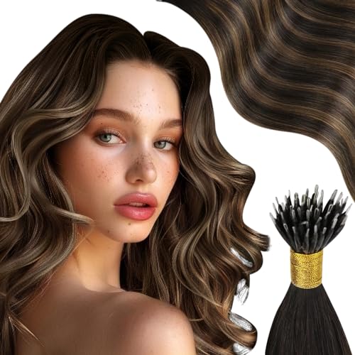 Moresoo Nano Ring Hair Extension Ombre Nano Tip Hair Extensions Real Human Hair Darkest Brown and Chestnut Real Hair Brown Nano Beads Hair Extensions 22 Inch 50g/Pack #2/6/2