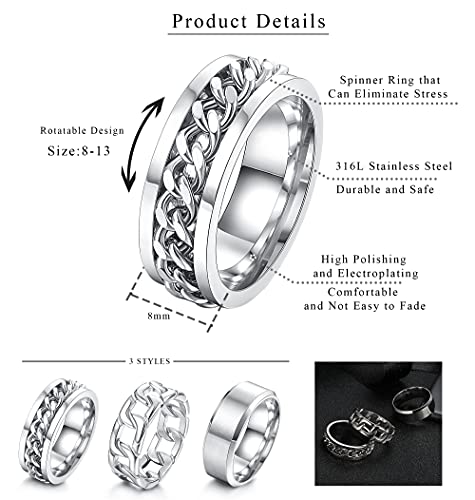 ORAZIO Mens Rings 3Pcs Silver Rings for Men Women Stainless Steel Plain Band Ring Cuban Link Chain Rings Spinner Ring Men's Promise Wedding Rings Set,Size 6-143