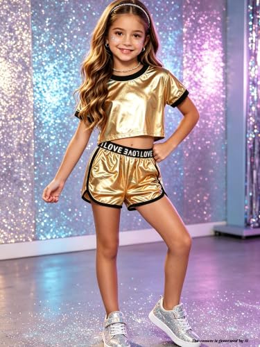 Image of Betusline Girls Summer 2 Piece Outfits,Kids Short Sleeve Crop Top & Shorts Set with Side Pockets