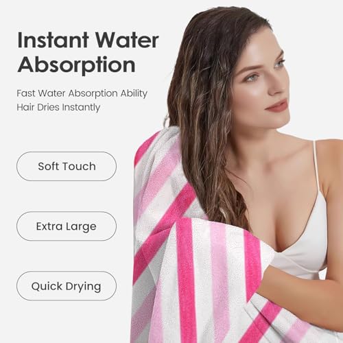 Image of JML Microfiber Bath Towels, Bath Towel 2 Pack(30 inch x 60 inch), Oversized, Soft, Super Absorbent and Fast Drying, Multipurpose Use for Sports, Fitness, Yoga, Cabana Stripe Pink