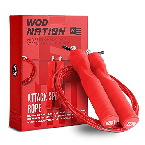 WOD Nation Attack Speed Jump Rope for Women and Men, Speed Rope Skipping Rope for Exercise, Adjustable Jump Ropes for Fitness - Workout Rope, Crossfit Jump Rope, Jumping Rope, Workout Jump Rope (Red)