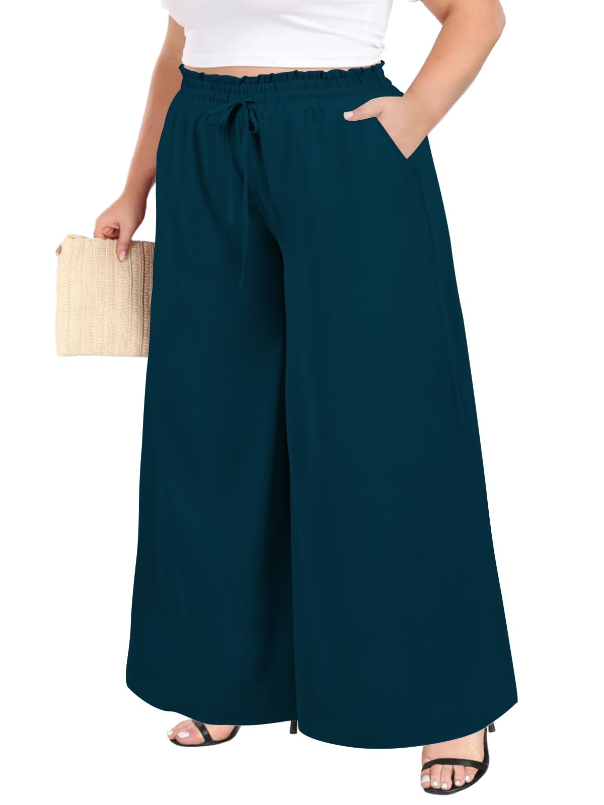 Moon Wood Damen Weite Stoffhose mit Taschen Sommer Lose Palazzo Hosen Hohe Taille Lounge Elegante Hose Große Größen