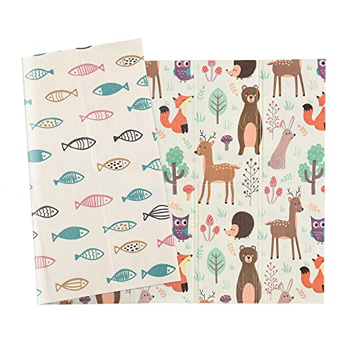 HOMCOM Kinderspielmatte Spielteppich Zwei-Seitige Kinder-Matte Tierische und Fische Muster faltbar...