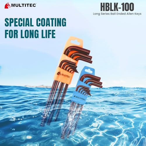Image of MULTITEC Long Ball Ended Allen Key Set HBLK100-1.5mm to 10mm | 9 Pcs Hex Key Wrench Set with Plastic Holder | Chrome Finish | Hardened Tempered Alloy Steel Tool Kit for Garage Bike Furniture Repair
