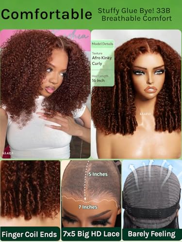 Image of KLAIYI Reddish Brown Afro Kinky Curly Glueless Precut 7x5HD Lace Front Wigs Human Hair Bye Bye Knots Pre Plucked Bleached Pre Everything 3S Ready to Wear and Go Beginner Wig with Baby Hair 180% 16Inch