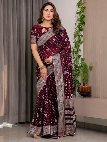 Image of ALMAARI FASHION Fendy Satin Foil Print Floral Saree with Tassels, Traditional Butti Motifs, 5.5m with 0.8m Blouse (FOIL 102 WINE H)