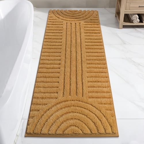 SHACOS Super Soft Bathroom Runner Rugs 24x60 Non Slip Boho Bathroom Mats Microfiber Absorbent Carpet for Bath Room Machine Washable Shaggy Bath Rugs for Shower Bathtub Home Decor Mustard 2x5