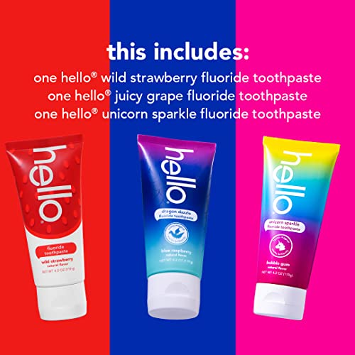 Image of Hello Kids Fluoride Toothpaste Variety Pack, Includes a Strawberry Toothpaste, Unicorn Bubble Gum Toothpaste, and Blue Raspberry Toothpaste, Safe for Ages 2 and Up, 12 Pack, 4.2 Oz Each