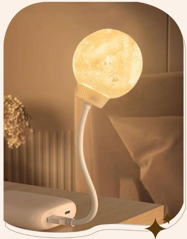 USB Moon Lamp, 3D Print LED Night Light with Flexible Gooseneck, Warm White Dimmable Bedside Lamp for Bedroom, Nursery, Travel, Plug-in Portable Moonlight Lamp