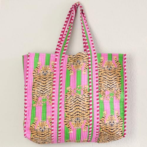 Image of YILLE Cotton Quilted Floral & Tiger Print Tote Bag, 18 x 18 inches For Grocery Shopping, Travel