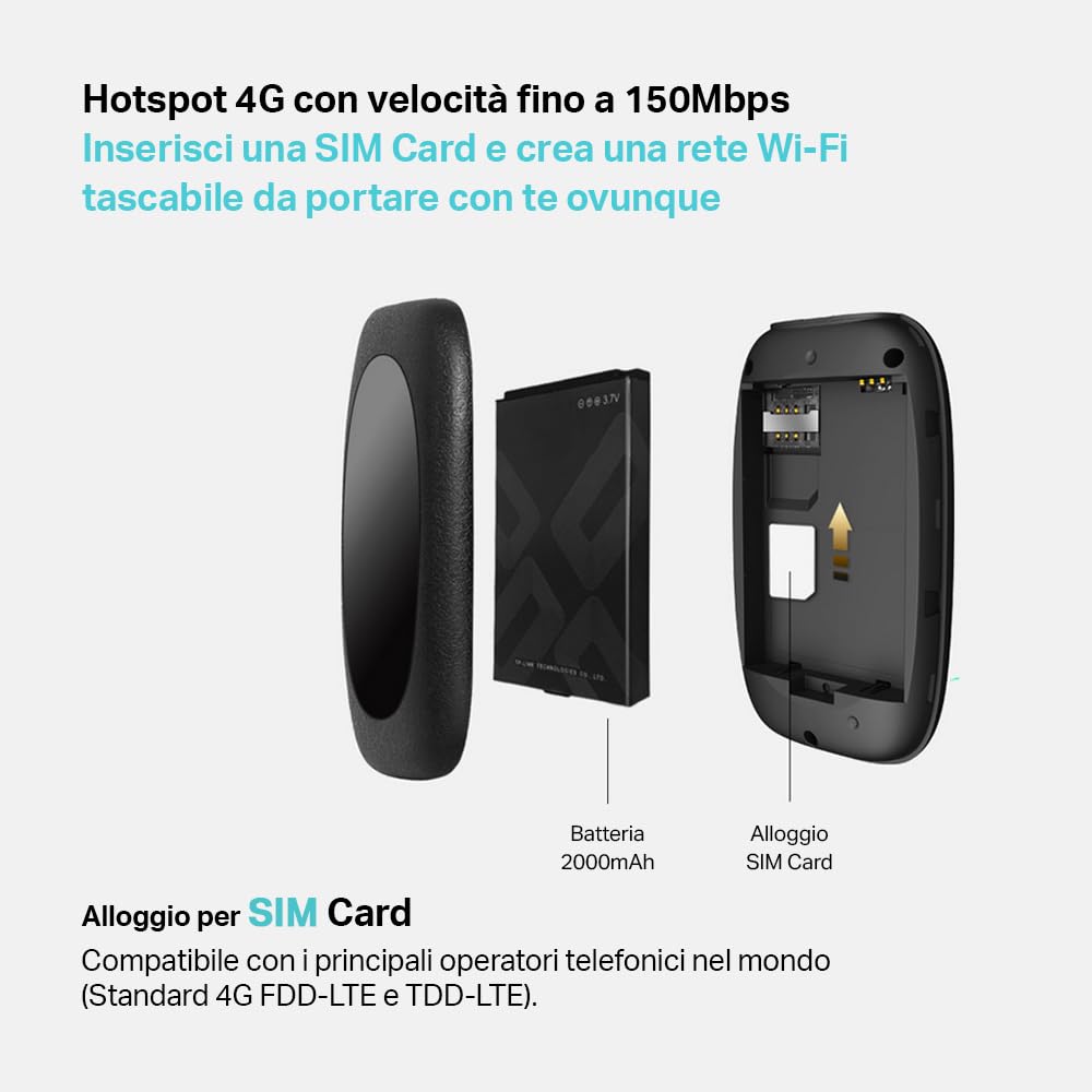 Tp-Link M7200 Mobile Router Hotspot Portatile, 4G Lte Cat4 150 MBps, Vincitore del Premio Red Dot Design, Può Essere Utilizzato in Tutti i Paesi Europei, Ieee 802.11B / G / N Frequenza: 2.4 Ghz, Nero