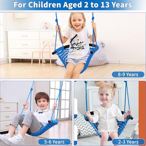 Image of Hi-Na Kids Swing for Swing Set, Heavy Duty Rope Swings with Snap Hooks and Straps, 440LBS Capacity, Toddler Swing Seat for Indoor Porch, Outdoor Playground, Tree, Blue