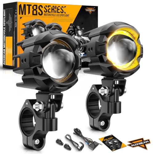 Auxbeam Motorcycle Auxiliary Lights Fog Lights LED Driving Light Spotlight with Halo DRL White/Amber 8 Modes Dual-Color Strobe LED Offroad Work Lights for Motorcycle SUV ATV Trucks