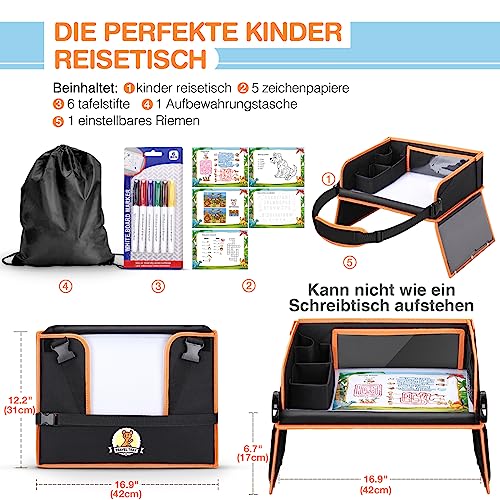 lenbest Doppelfunktion Kinder Reisetisch, Knietablett Reisetisch(Auto Rückenlehnenschutz) mit Transparenter Zeichnungsfilm, 5 Zeichnungsplatten und 6 Farbpens - Schwarzes/Orange