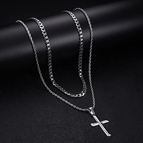 IRONBOX 925 Sterling Silver Cross Necklace for Men Women Stainless Steel Diamond Cut Durable 5MM Cuban Link Chain and 2.5MM Rope Chain Beveled Edge Crucifix Pendant Necklace Jewelry 16-30 Inches4