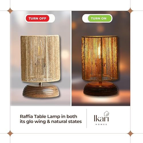 Image of Ikari Homes Wood Boho Raffia Incandescent Table Lamp I Night Lamp for Bedroom Bedside & Center Table Lamp for Restaurant I Office Desk Lamp I I Home Decor Items I Size 21.5 x 12.9 cm, Brown