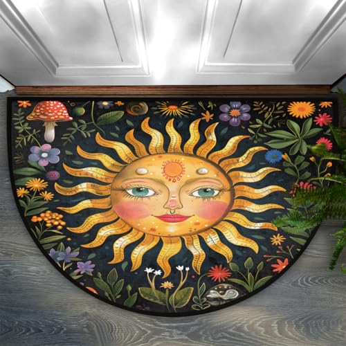Image of Half Round Doormat Boho Flower Sun Non Slip Half Circle Area Rugs Indoor Washable Half Moon Rug Semi Circle Bathroom Runner Mat Entrance Floor Carpet for Kithen Bedroom Fireplace Decor