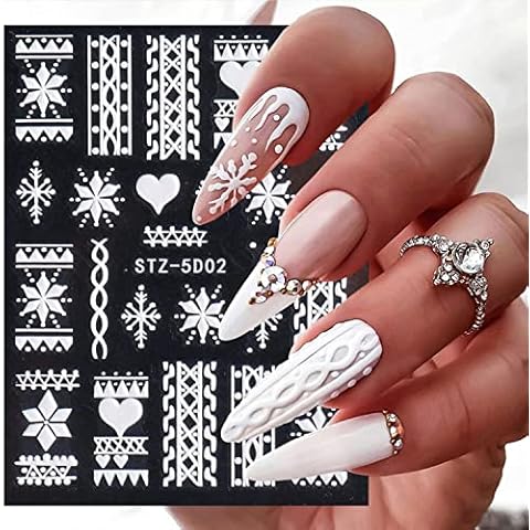 5D Embossed Snowflake Nail Art Stickers Christmas Nail Decal White Flower Lace Nail Decal Snowflake Leaf Nail Sticker Design Self-Adhesive Nail Decoration Supplies for Women DIY Christmas Manicure Cover