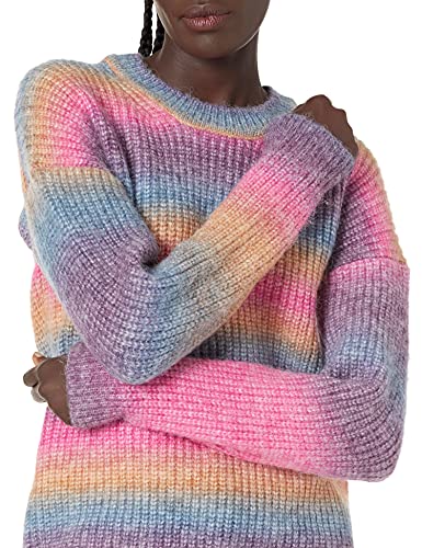 Image of Cable Stitch Women's Ombre Space-Dyed Crewneck Sweater - Long Sleeve Color Block Rainbow Striped Pullover Top