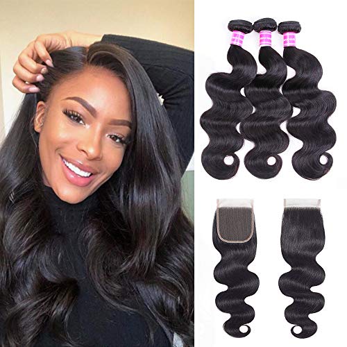Gabrielle Body Wave (16”18”20”) Human Hair Bundles with 12Inch 4x4 Free Part Lace Closure 100% Unprocessed 3 Bundles Virgin Brazilian Weave Hair Human Bundles with Closure Nature Color 330 G (11.7 OZ)