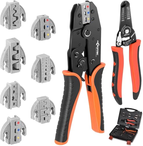 KF CPTEC Crimpzangen Set 9-teilig, Ratschen Crimpzange mit 7 Wechselbacken, AWG 22-2 (0,5–35 mm²) für Aderendhülsen, Kabelschuhe & Schrumpfverbinder – Profi Werkzeug für Elektriker & DIY