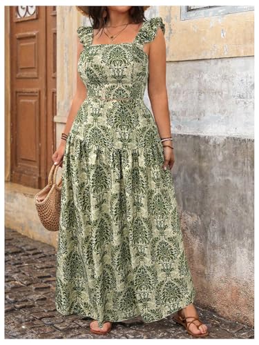 Floerns Women's Plus Size 2 Piece Outfit Floral Ruffle Sleeve Tops Maxi Skirt Set2