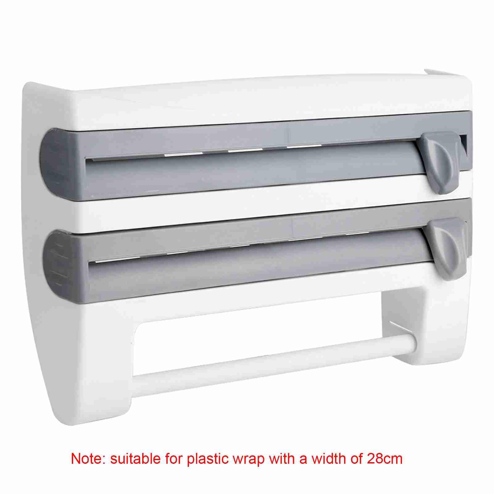 Ausla Portarrollos de Pared Triple 39 x 10 x 24 cm, Soporte de película Adhesiva de Cocina con Cortador para Papel de Aluminio, Film Transparente y Toalla de Cocina(Gris-Azul)