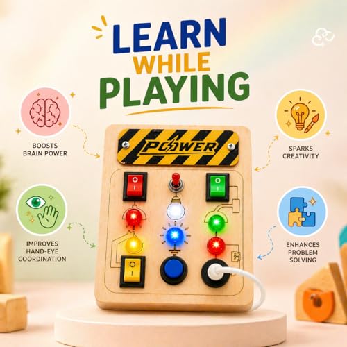 Image of SHINETOY Wooden Busy Board Sensory Toy - Power Control Panel with LED Indicators, Toggle Switches & Big Push Button | Learn Electricity & Circuits | Safe & Fun Gift for Boys & Girls